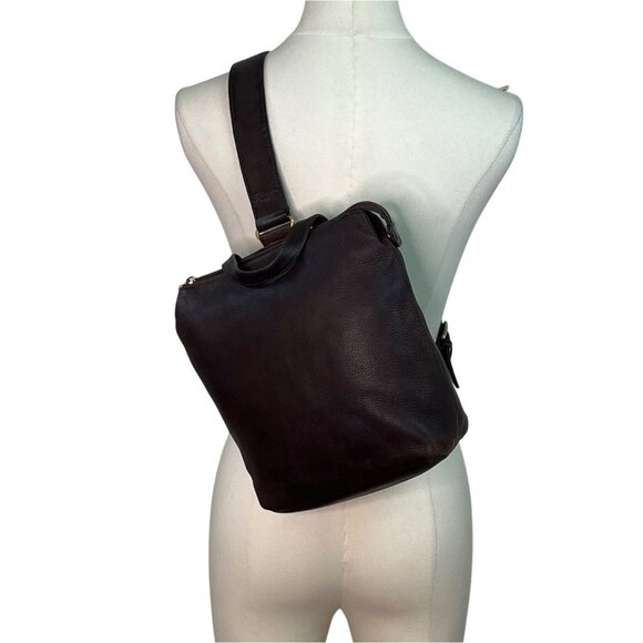 Fossil Brown Leather With Adjustable Strap & Brass Accents Backpack Sling Bag - Picture 1 of 12